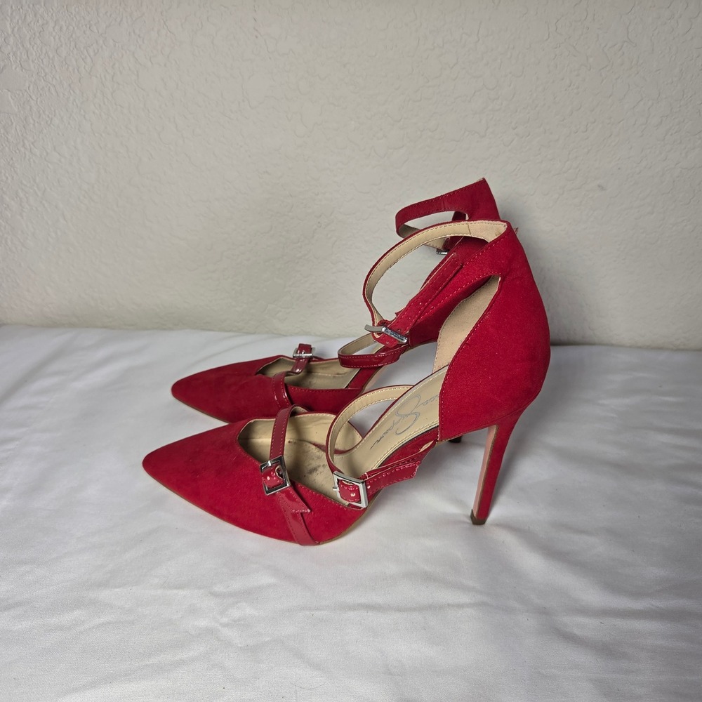 Jessica Simpson Red Faux Suede Multi Strap Pointed Toe Stiletto Heels Pumps 7.5M